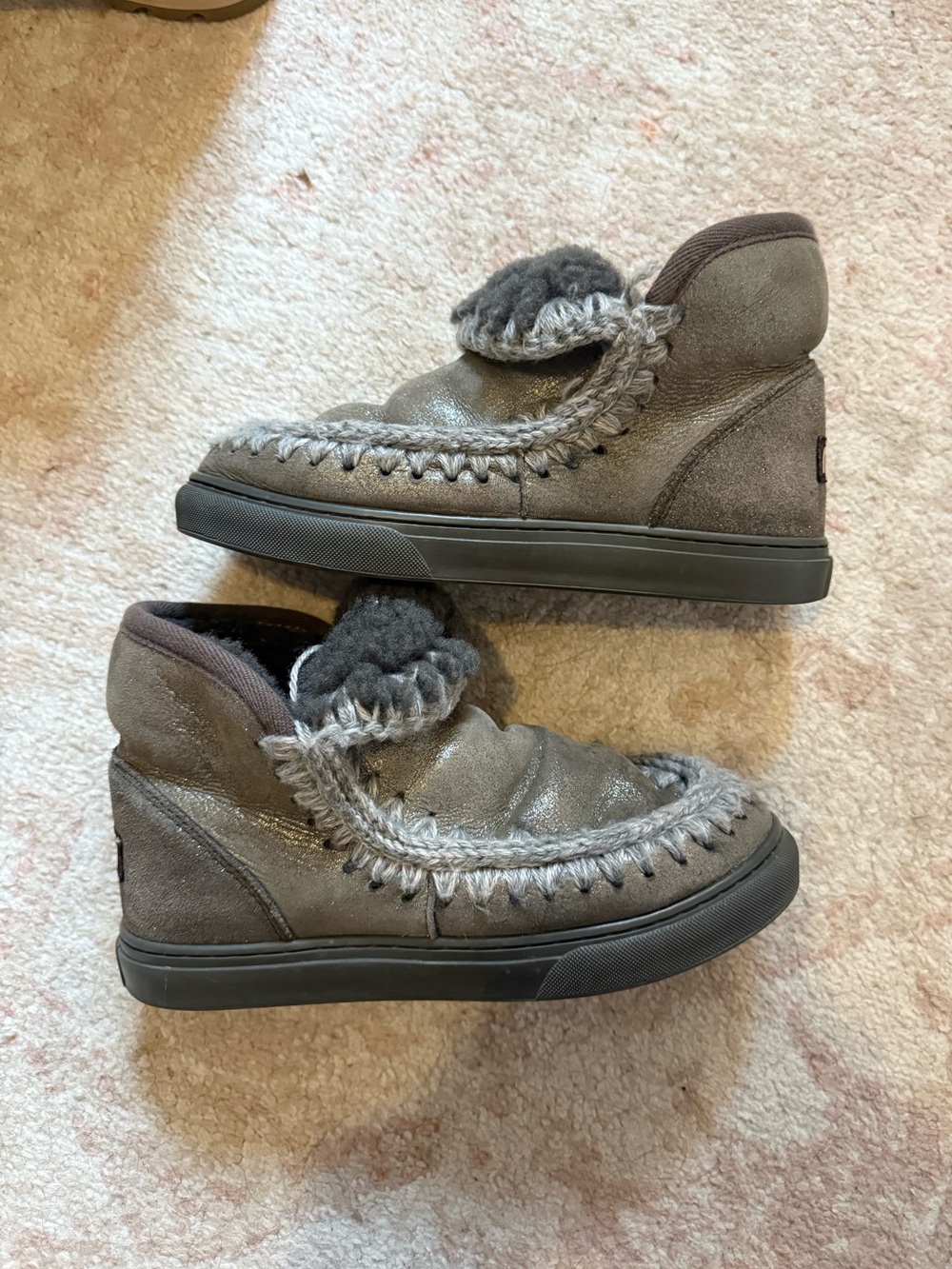 Mou Metallic Gray Suede Ankle Booties with woven trim